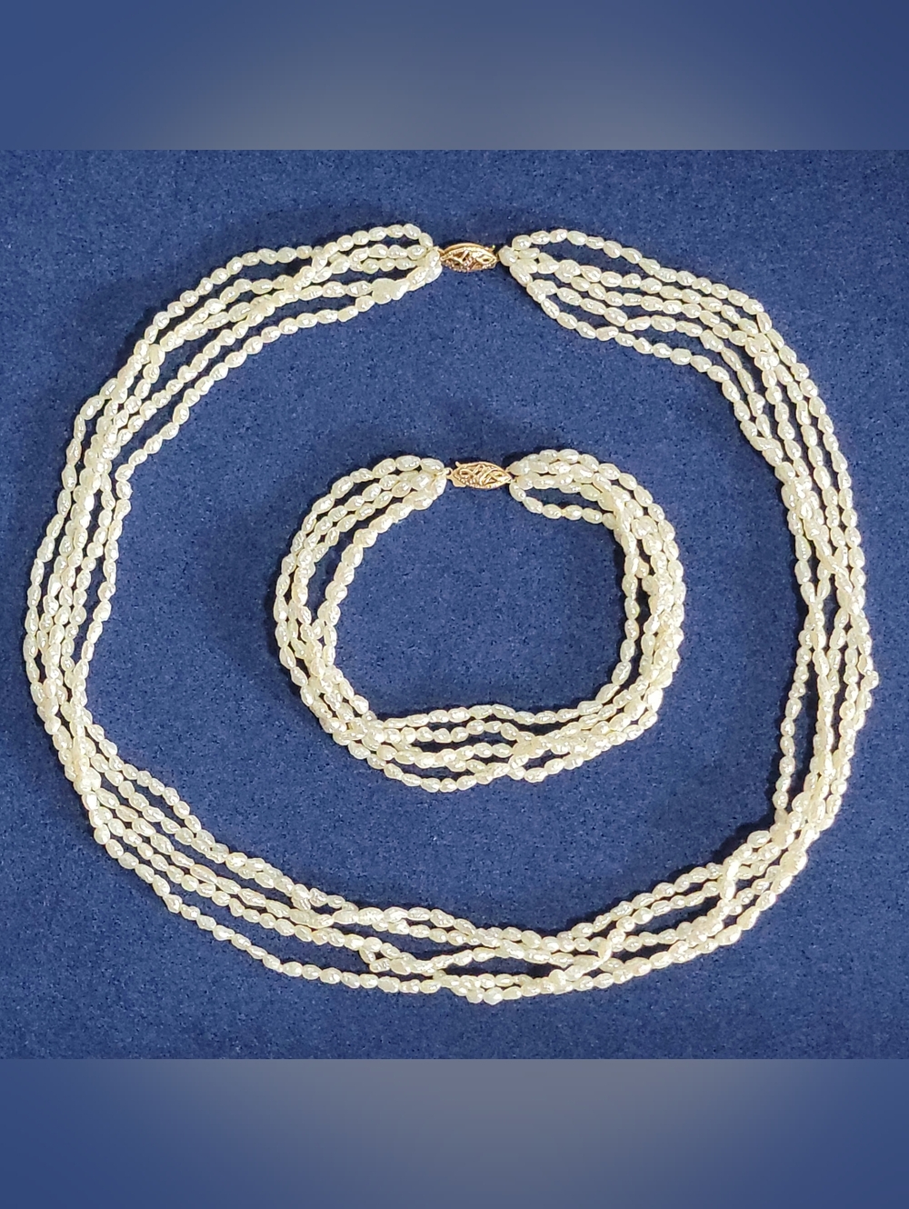 Vintage JCM Seed Pearl Multi-Strand Torsade Necklace & Bracelet w/14k Gold Clasp